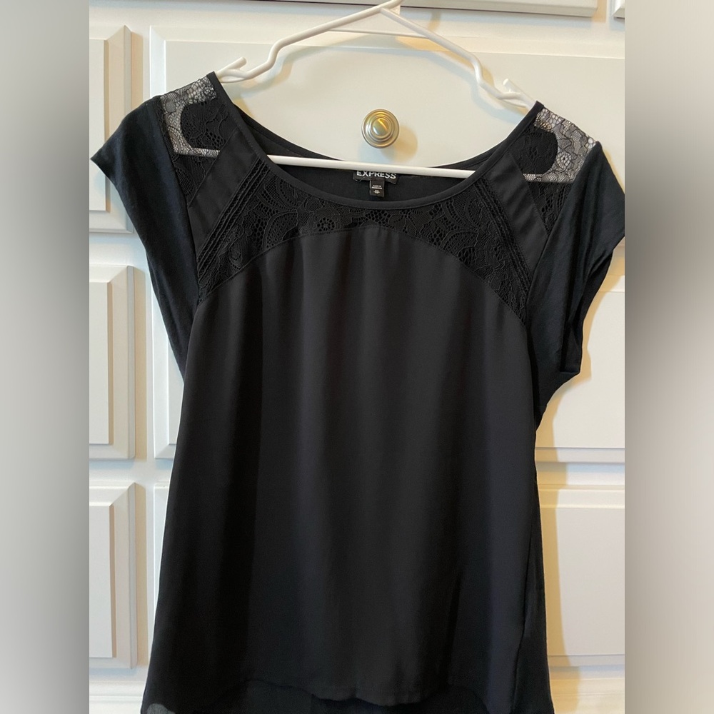 Express Black Short Sleeve Lace Trim Blouse